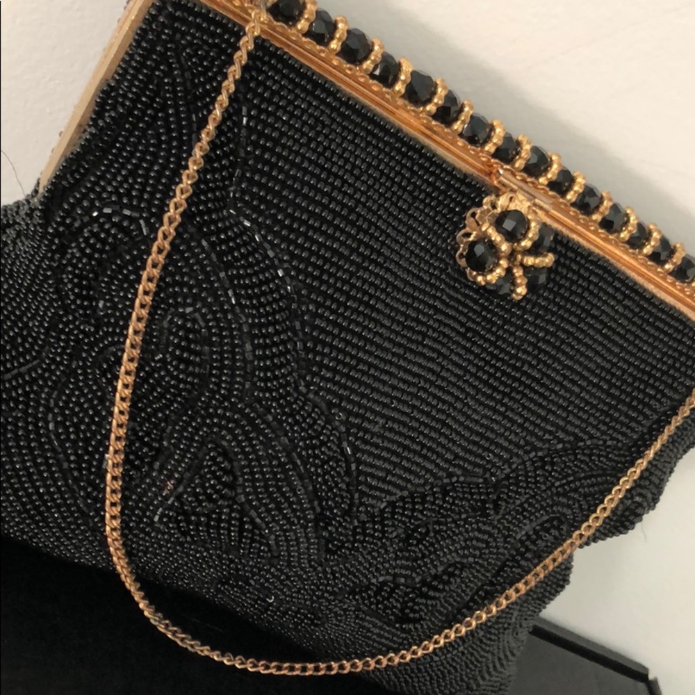 VINTAGE BLACK/GOLD BEADED STATEMENT EVENING BAG